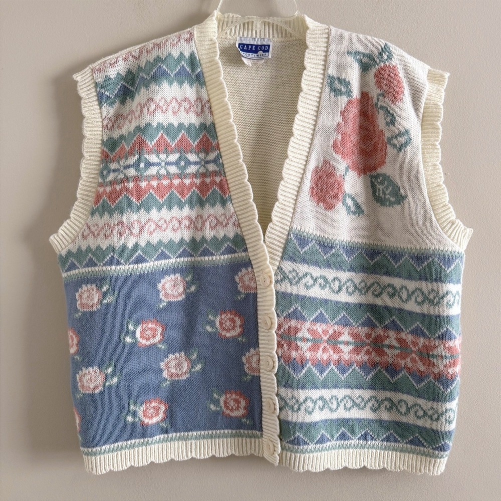 Vintage Cape Cod Sportswear Floral Cottagecore Knit Cardigan Vest XL Made in USA